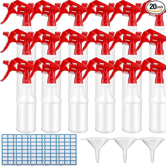 Eccliy 20 Pack 16oz Empty Spray Bottles, Leakproof Cleaning Bottles with Measurement and Adjustable Nozzle for Housekeeping, Commercial Use(Cylinder,Red Spray Head)