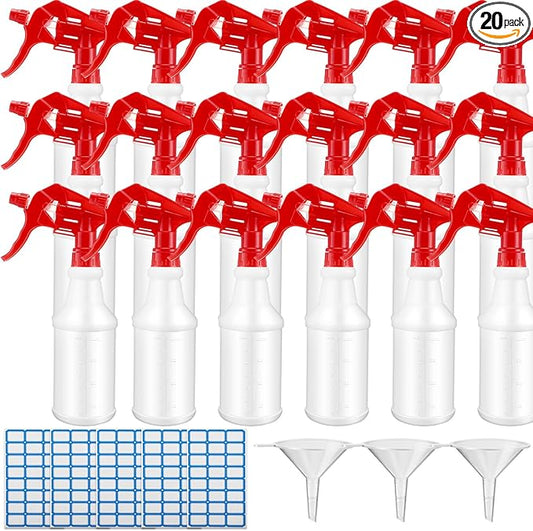 Eccliy 20 Pack 16oz Empty Spray Bottles, Leakproof Cleaning Bottles with Measurement and Adjustable Nozzle for Housekeeping, Commercial Use(Cylinder,Red Spray Head)