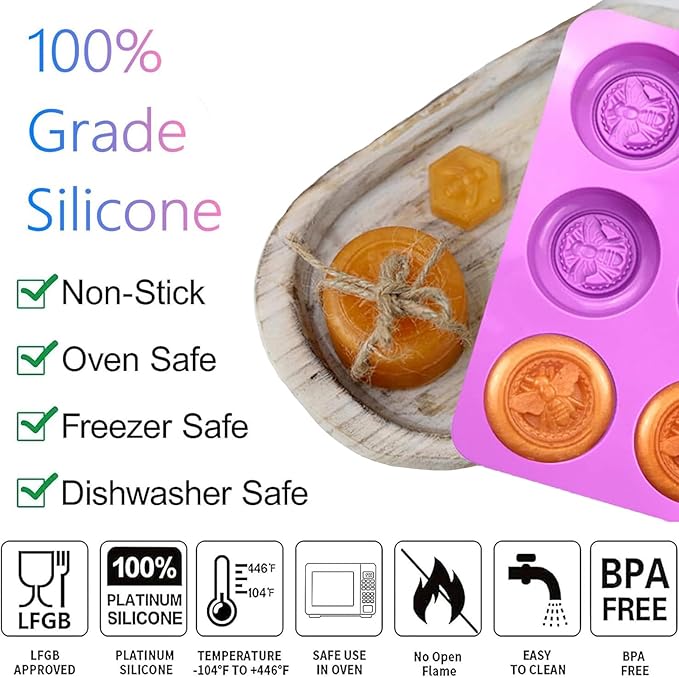 Bee Silicone Molds 2Pcs Round Honeybee Silicone Mold Beehive Shape 6 Cavities Molds Set for Homemade Soap Making, DIY Jello, Bath Bomb, Beeswax Candle, Resin