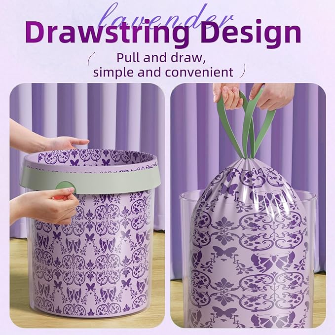 13 Gallon Trash Bags Drawstring, 50 Count Tall Kitchen Trash Bags, Sturdy Large Trash Bags, Butterfly & Lavender Printed Garbage Bags 13 Gallon Tall Kitchen, Tear Resistant Kitchen Garbage Bags