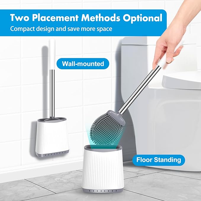 Toilet Brush, Silicone Toilet Brush and Holder Set, Flexible Toilet Bowl Brush Head with Ventilated Holder, Wall Mounted Compact Toilet Scrubber Set for Bathroom Cleaning (1, White)