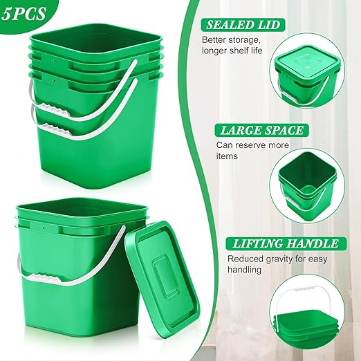 Mumufy 5 Pcs 3.5 Gallon Square Food Grade Bucket with Lid Square Bucket Pail with Plastic Handles for Storing Dry Food, Charcoal, Camping, Fishing (Green)
