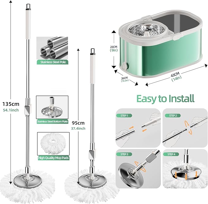 Spin Mop and Bucket with Wringer Set for Home,360° Mop and Bucket with Separate Clean and Dirty Water,Wet Dust Mop for Floor Cleaning with Extra Refills (Green)