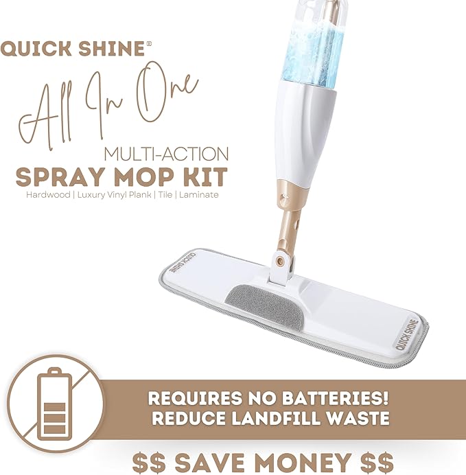 Quick Shine Ultimate Gold Spray Mop Kit | All-in-One 11 Pc Kit w/ Interchangeable Attachments | Floor Cleaner Included | No Batteries Needed | Pro Cleaning System for All Floor Types | 2-in-1 Mop