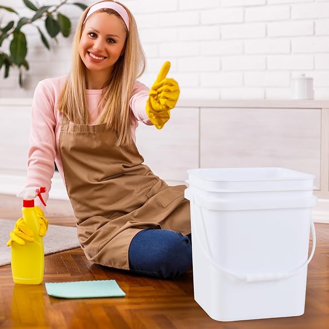 4 Packs Square Food Buckets with Lid, 5 Gallon Plastic Lidded Storage Bucket, Utility Pail, White