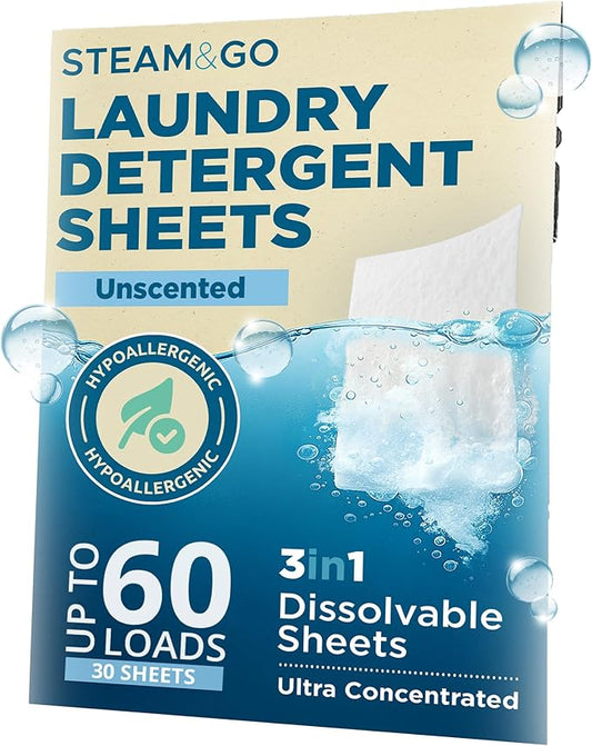 Steam and Go Laundry Detergent Sheets – 3in1 Dissolvable Sheets with Deep Cleaning, Fragrance-Free, & Hygienic Purifying Action – Hypoallergenic, Vegan & Cruelty-Free - Unscented – 30 Ct