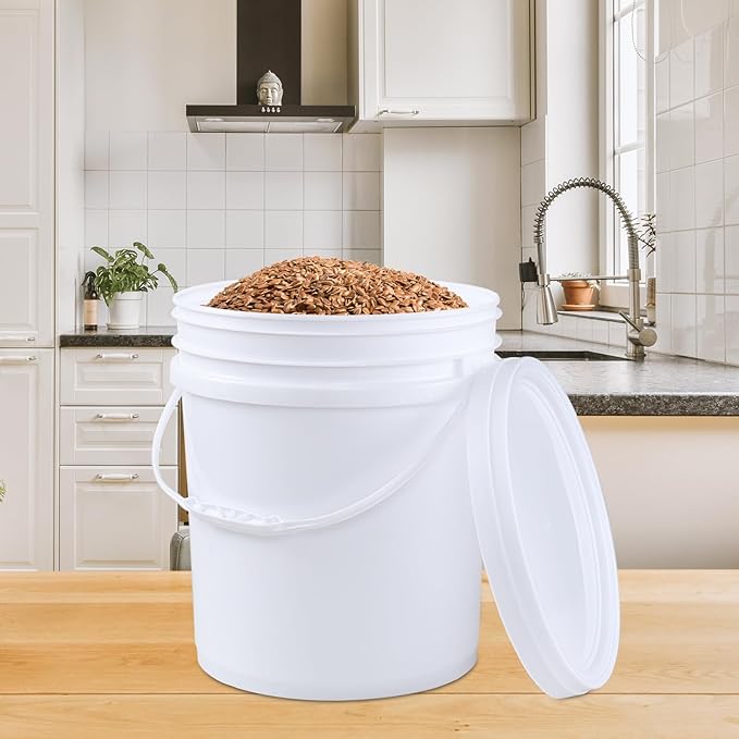 7 Gallon Plastic White Food Bucket with Handle and Lid, Food Storage Plastic Bucket Pail with Lids, Pack of 4