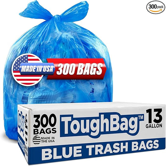 ToughBag 13 Gallon Recycling Bags, Blue Trash Bags (300 COUNT) - Blue Recycle Bags, Recycle Trash Bags 13 Gallon Tall Kitchen - Made in USA
