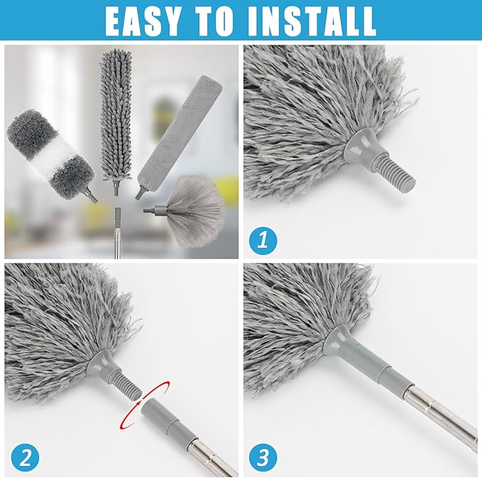 Microfiber Duster Kit 36pcs with 30 to 100 in Extension Pole and Ceiling Fan Cleaner Duster, Washable and Bendable Feather Duster for Cleaning Ceiling Fans, High Ceilings, Blinds, Grey