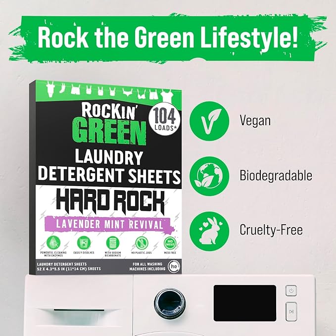 Rockin' Green Hard Rock Travel Laundry Detergent Sheets for Hard Water - Mess-Free Laundry Sheet Detergent with Sodium Bicarbonate - Easily Dissolvable Laundry Soap Sheets (104 Loads, Lavender Mint)