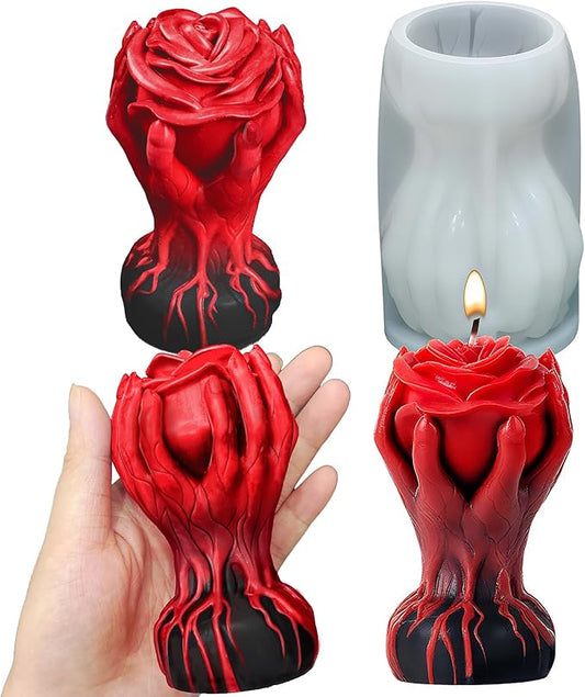 Hand Holding Rose Candle Mold, 3D Flower Silicone Mold for Candles Pillar Wax Plaster Epoxy Resin Craft Casting Gothic Home Décor Halloween Anniversary Birthday Handmade Gift