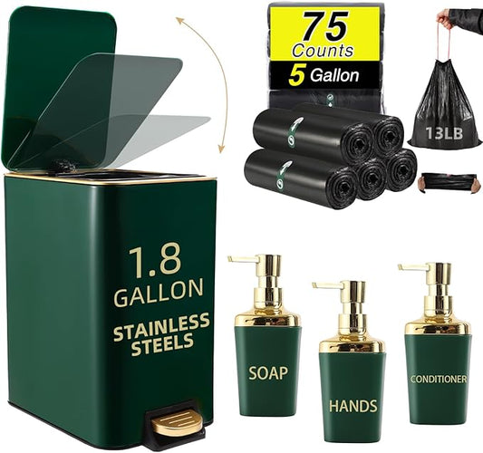 Small Bathroom Trash Can with Lid Soft Close, 1.8 Gallon Stainless Steel Garbage Can with Removable Inner Bucket,3PCS Soap Dispenser,75Count Trash Bag, Slim Step Pedal Trash Bins