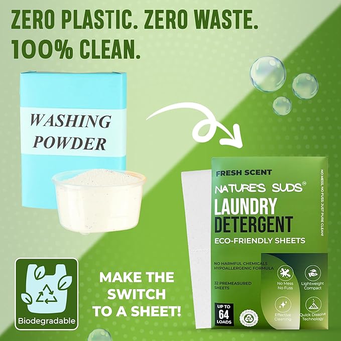 Nature’s Suds Eco-Friendly Laundry Detergent Sheets (64 Loads), Hypoallergenic & Ultra-Concentrated Clothes Washing Sheets, Plastic-Free, Fresh Linen Scent, Travel-Size Laundry Detergent