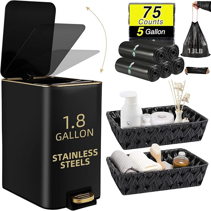 Small Bathroom Trash Can with Lid Soft Close, 1.8 Gallon Stainless Steel Garbage Can with Removable Inner Bucket,Wicker Storage Baskets,75Count Trash Bags, Slim Step Pedal Trash Bins