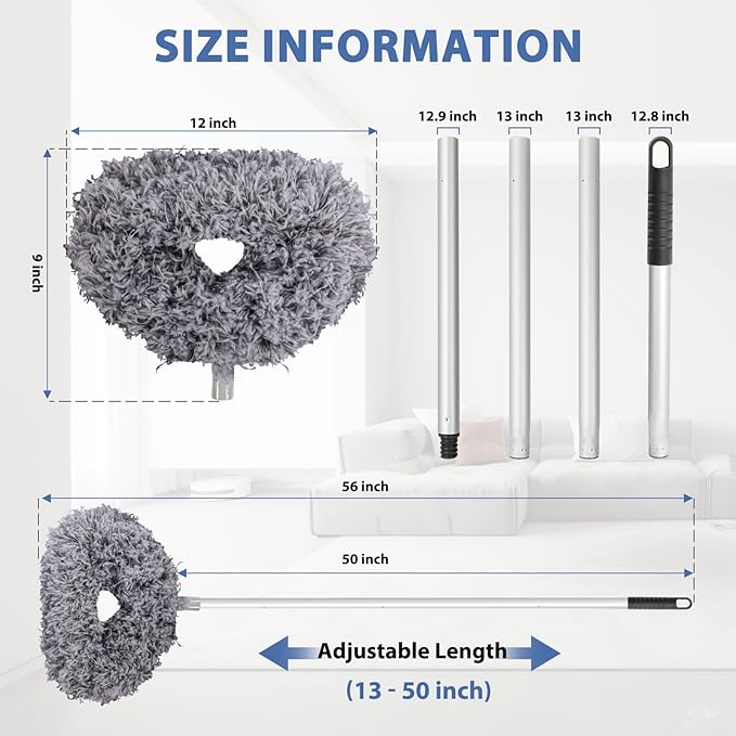 Ceiling Fan Cleaner Duster High Ceiling Extended Fan Blade Cleaner from 13 to 50 Inch Reusable Microfiber Ceiling Fan Duster with Extension Handle for Furniture Bookshelves Wall Door (Gray)