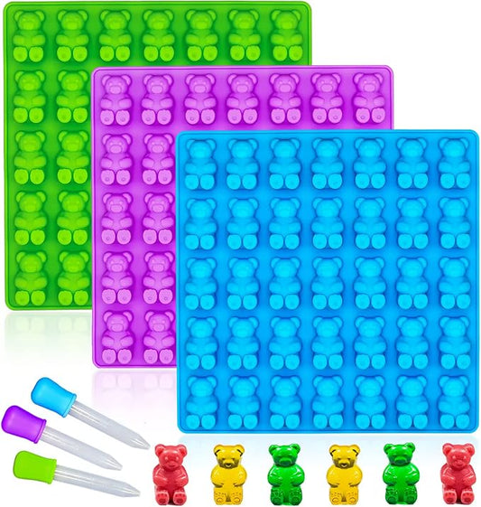 Large Gummy Bear Mold Candy Molds, Non-Stick Silicone Ice Cube Moulds Chocolate Molds BPA Free with 3 Droppers, Set of 3