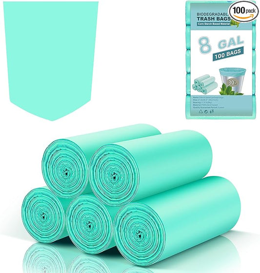 8 Gallon Medium Compostable Trash Bags - Strong Unscented Biodegradable Wastebasket Liners Thick Bathroom Garbage Bag for Kitchen Pet Car Inwaysin (Blue, 5Rolls 100 Count)