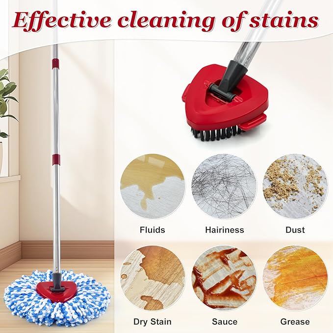 Spin Mop Handle,Mop Heads Replacements,Scrubber Mop Head and Mop Base Combo Set Compatible with Ocedar RinseClean 2-Tank Spin Mop,Mop Replace Head and Scrub Brush Set for Multi-Surface Hard Floor