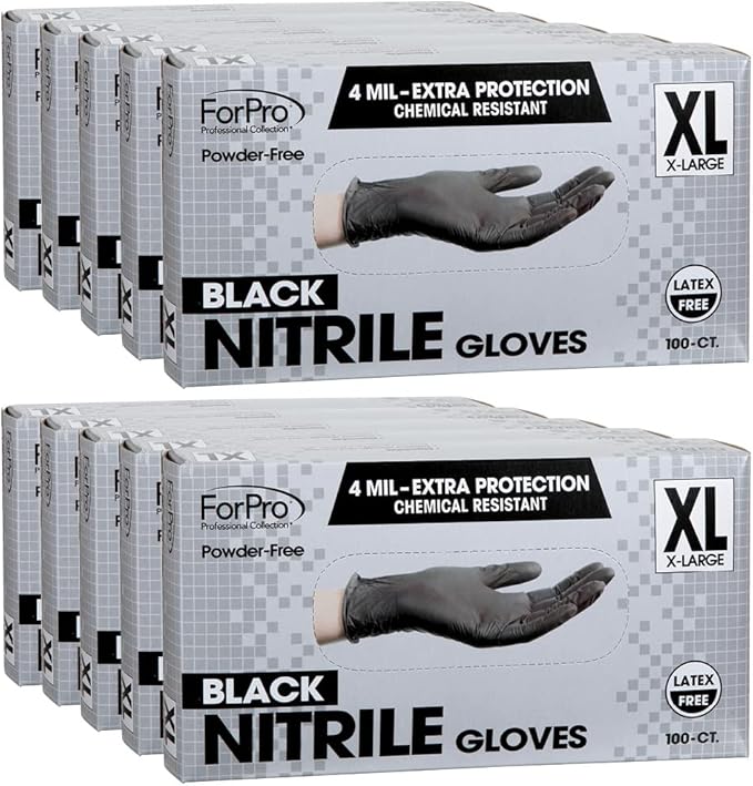 ForPro Professional Collection Disposable Nitrile Gloves, Chemical Resistant, Powder-Free, Latex-Free, Non-Sterile, Food Safe, 4 Mil, Black, X-Large, 1000-Count
