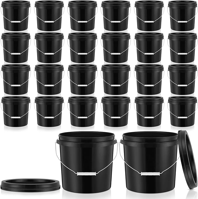 Tioncy 24 Pcs 2 Gallon Plastic Bucket with Lid Heavy Duty 2 Gallon Bucket Pail with Lid Handle for Storage Container Home Household Cleaning (Black)