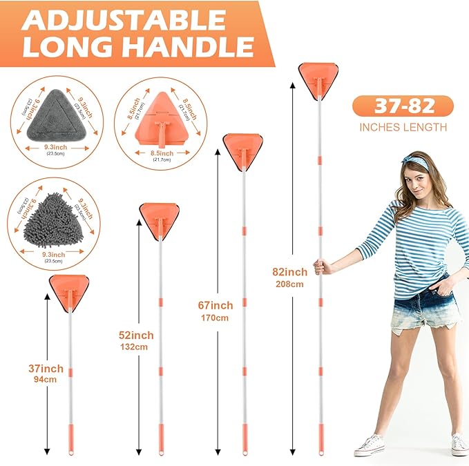 Wall Cleaner Triangle Mop with 82'' Long Handle - Wall Scrubber, Cleaning Washer Tool with 4 Microfiber Chenille Duster Pads for Clean Walls, Ceiling, Windows, Floors, Baseboards (4 Pads)