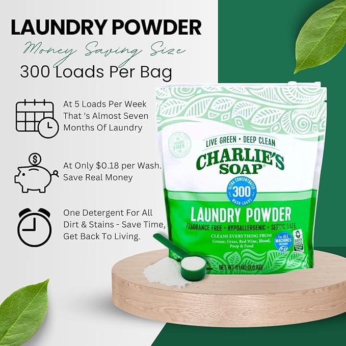 Charlie’s Soap Hypoallergenic Laundry Detergent Powder Baby Gentle 8lb Bag Fragrance Free Plant Based Deep Cleaning – Biodegradable Eco Friendly Sustainable