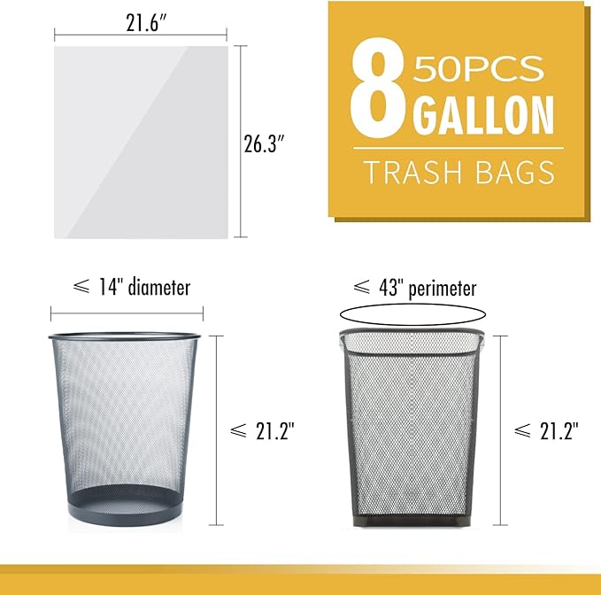 Medium Trash Bags, 6-8 Gallon White Garbage Bags Trash Can Liners for Bathroom, Bedroom, Office, Unscented (50 Count)
