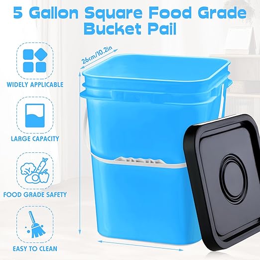 Vesici 6 Pcs 5 Gallon Food Grade Square Buckets with Lids 5 Gal Plastic Food Storage Square Bucket Heavy Duty Industrial Pail Container with DIY Label Stickers Handles for Water Painting(Colorful)