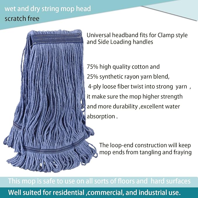 Heavy Duty Commercial Industrial Mop ,58" Looped-End String Wet Cotton Mops for Floor Cleaning, Including Three mop Head Replacement