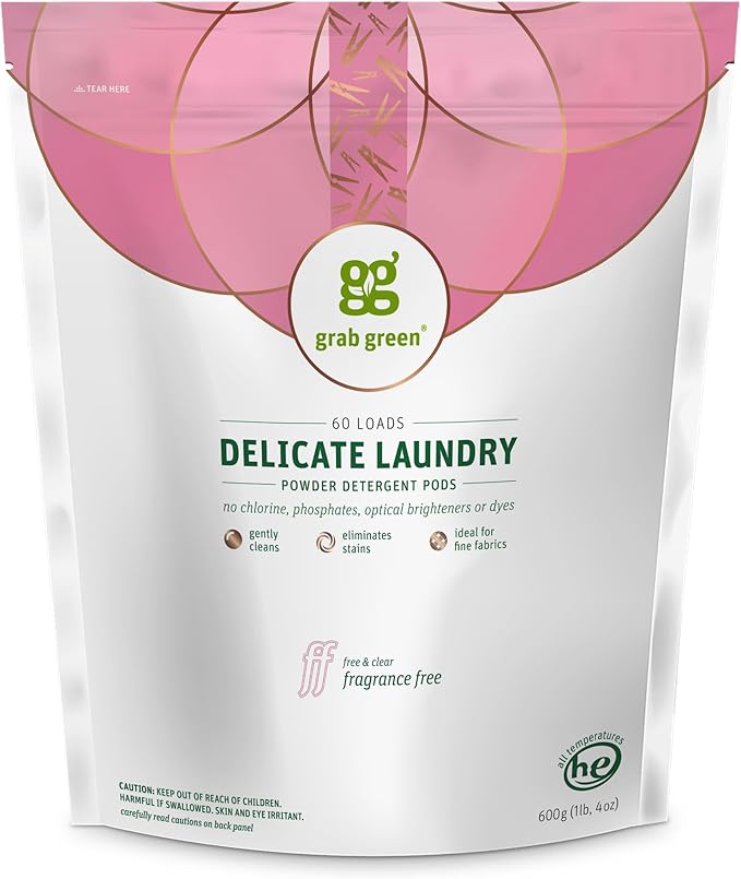 Grab Green Delicate Laundry Detergent Pods, 60 Count, Fragrance Free, Plant and Mineral Based, Superior Cleaning Power, Stain Remover, Brightens Clothes