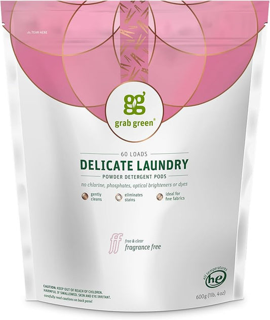 Grab Green Delicate Laundry Detergent Pods, 60 Count, Fragrance Free, Plant and Mineral Based, Superior Cleaning Power, Stain Remover, Brightens Clothes