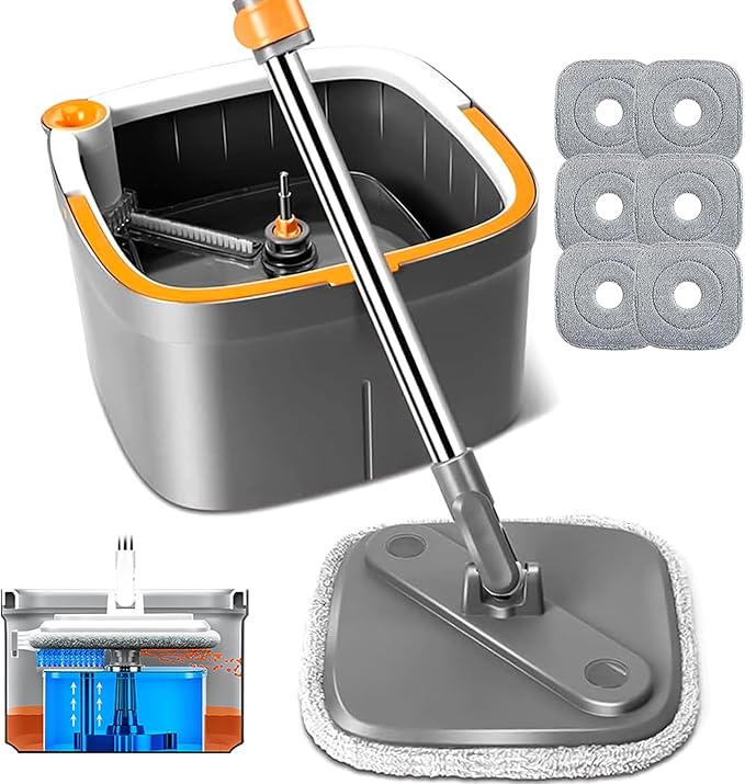 Spin Mop and Bucket Set with Self Separation Dirty and Clean Water System Self Wringing 360° Rotating Clean Mop-Head for Hardwood Tile Marble Floors with 6pads