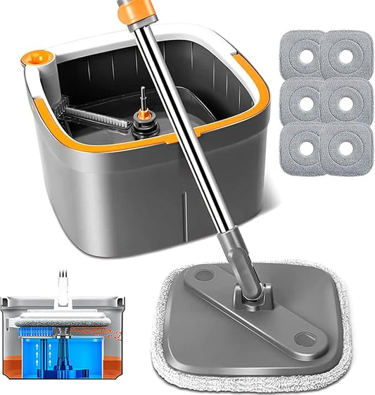 Spin Mop and Bucket Set with Self Separation Dirty and Clean Water System Self Wringing 360° Rotating Clean Mop-Head for Hardwood Tile Marble Floors with 6pads