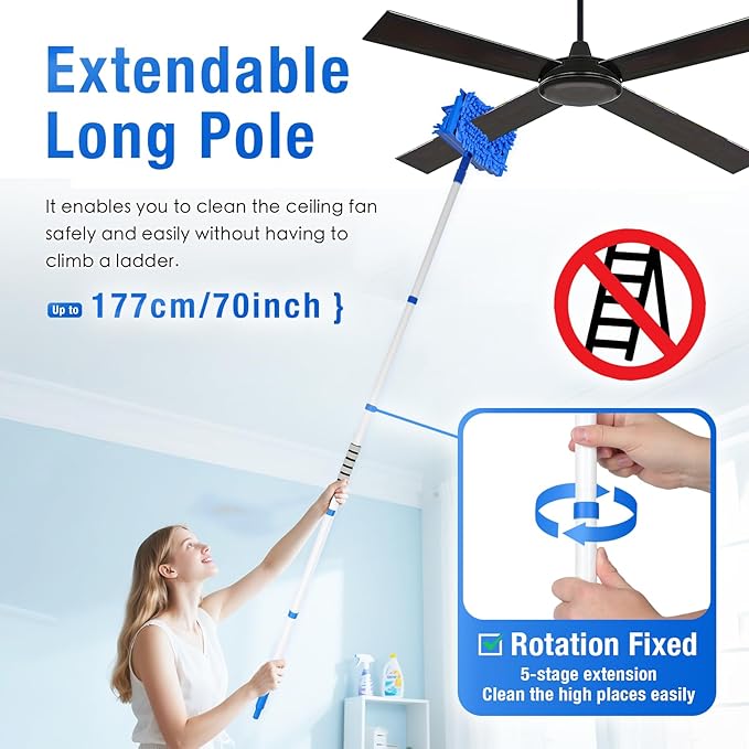 Ceiling Fan Cleaner Duster with 72" Extension Pole & 4 Reusable Pads, High Ceiling Fan Blade Cleaning Tool, Flexible Microfiber Duster for Baseboard,Blinds,Cobwebs,Floor, -Lightweight & Washable