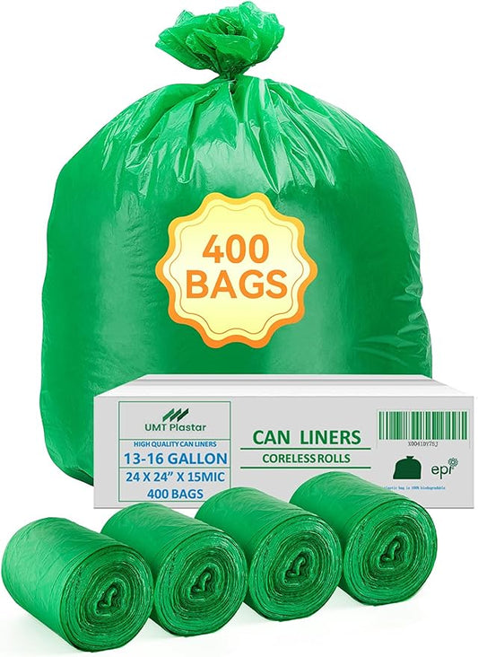 400 Count 100% Biodegradable and Compostable Trash Bags, 13-16 Gallon, 15 Microns, 24x24 Inches, Green Eco-Friendly