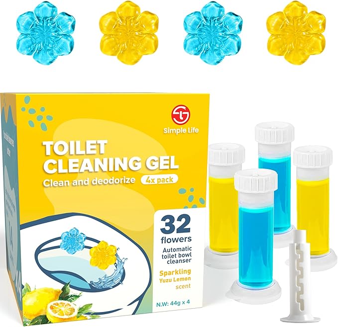 Simple Life Toilet Bowl Cleaner Gel | Fresh Flower Toilet Gel Stamp | Stops Limescale and Stains with Air Freshening Scent | Deodorizing Clean | 32 Stamps, Blue & Yellow