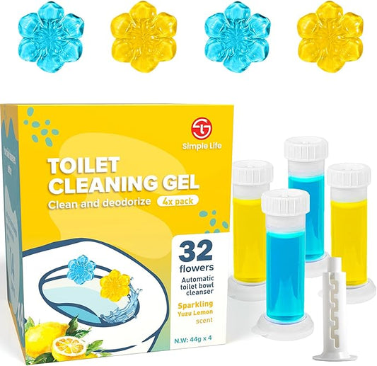 Simple Life Toilet Bowl Cleaner Gel | Fresh Flower Toilet Gel Stamp | Stops Limescale and Stains with Air Freshening Scent | Deodorizing Clean | 32 Stamps, Blue & Yellow