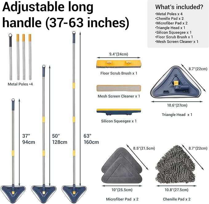 7-in-1 Wall Cleaner, Triangle Mop Set with 7 Replaceable Heads and Adjustable Long Handle for Walls, Floors, Windows, Ceilings, Baseboards (Navy Blue)