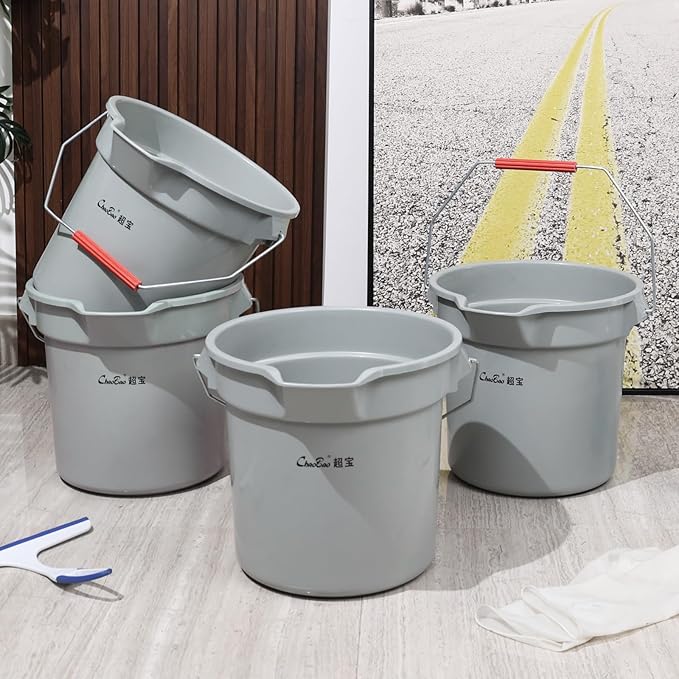 4-Pack 14 Quart Commercial Cleaning Bucket, Plastic Round Utility Pail with Handle, Grey