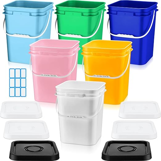 Vesici 6 Pcs 5 Gallon Food Grade Square Buckets with Lids 5 Gal Plastic Food Storage Square Bucket Heavy Duty Industrial Pail Container with DIY Label Stickers Handles for Water Painting(Mix Color)