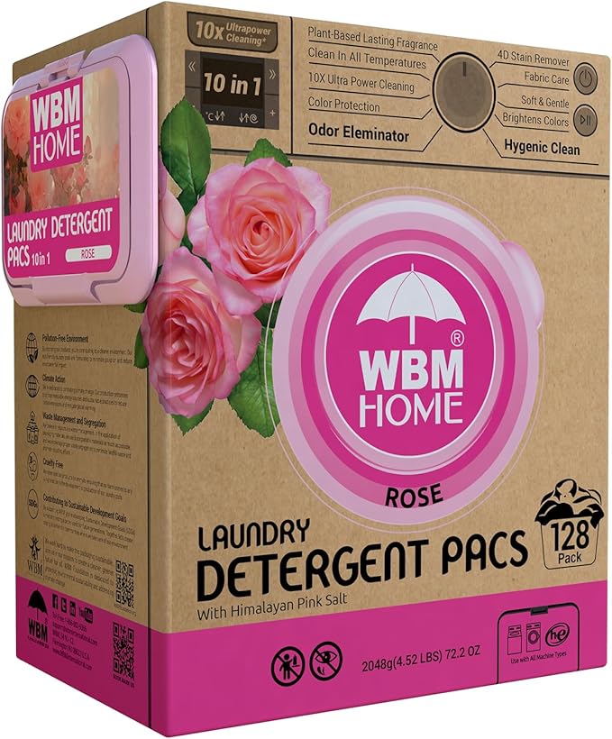 WBM 10-in-1 Laundry Pods, Total 128 Count, High Efficiency, Ultra Concentrate with Powerful Stain Lifter Technology, Fabric Softener With Rose Extracts, Detergent Pods