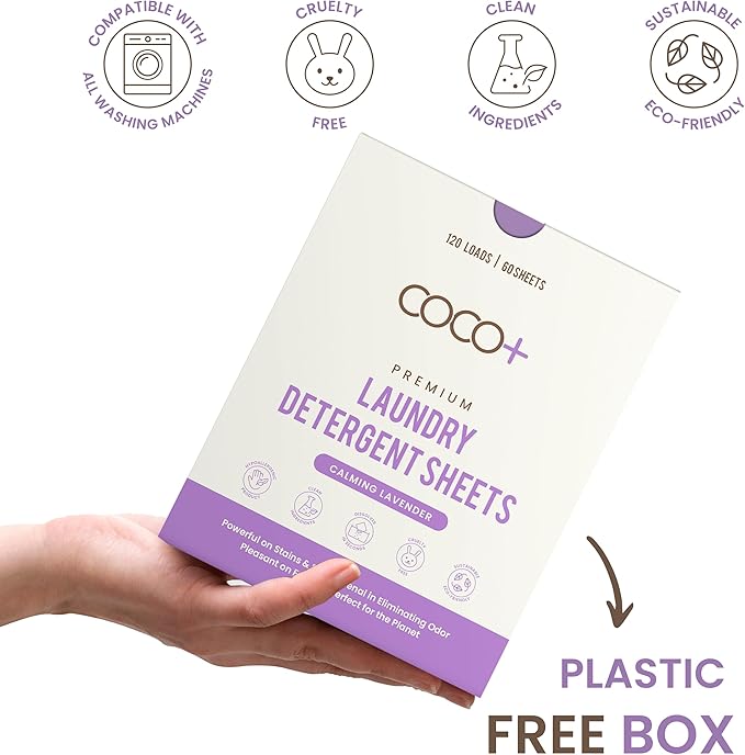 COCO+ Laundry Detergent Sheets - Nano-Concentrated with Enzymes, Hypoallergenic & Plant-Based - Deep Clean, Safe for Sensitive Skin - (120 Loads 60 Sheets) - Calming Lavender