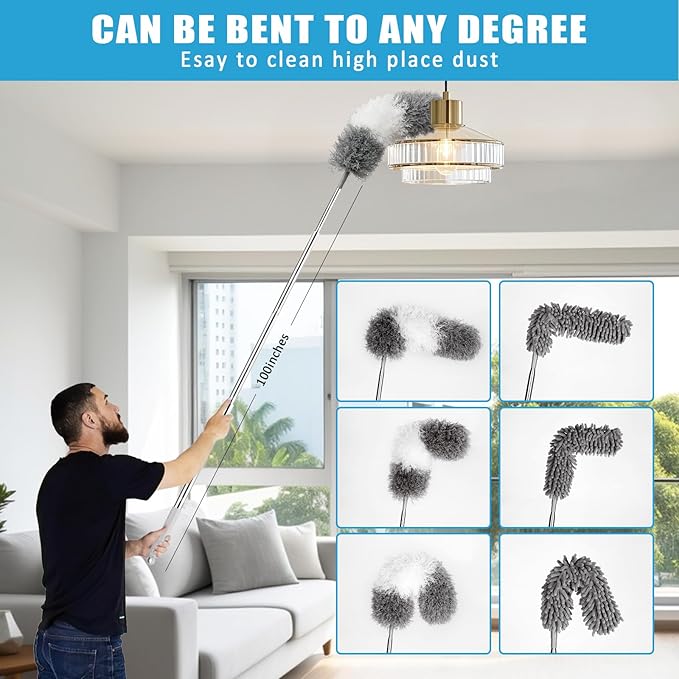 Microfiber Duster Kit 36pcs with 30 to 100 in Extension Pole and Ceiling Fan Cleaner Duster, Washable and Bendable Feather Duster for Cleaning Ceiling Fans, High Ceilings, Blinds, Grey