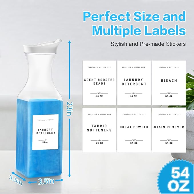 Laundry Detergent Dispenser Bottle 54oz with Waterproof Label for Laundry Detergent Soap Fabric Softener Bleach Scent Booster Beads, Sturdy PET Plastic Bottle for Laundry Room Decor 2 Pack White