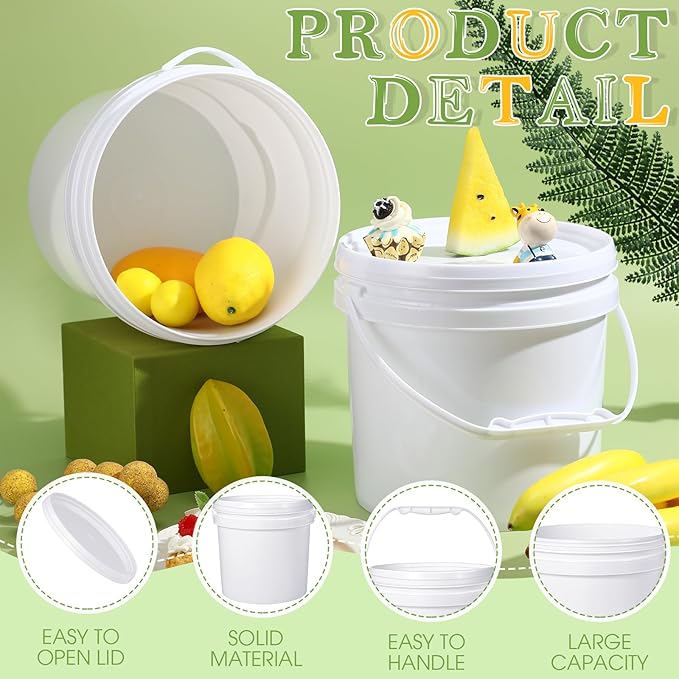 Leinuosen 8 Pcs Plastic Bucket with Handle and Lid Durable Heavy Duty Food Safe Bucket Pail Container for Multipurpose Storage Paint Art Crafts Projects, BPA Free(1.3 Gallon,White)