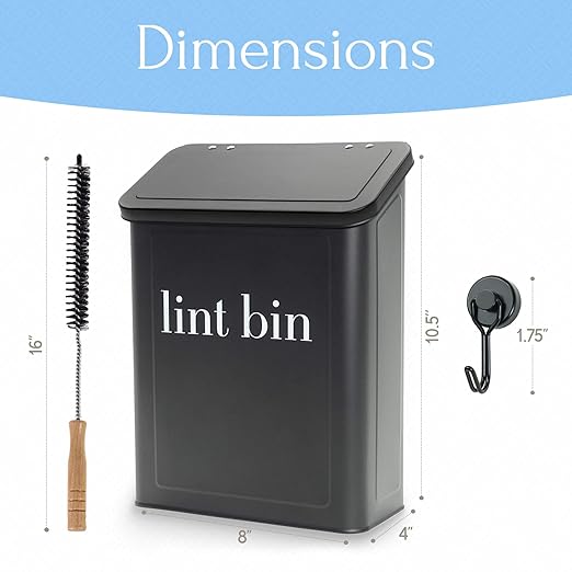 Magnetic Lint Bin for Laundry Room Organization and Storage, Includes Magnetic Hook & Lint Brush, Wall-Mounted Laundry Dryer Bin for Laundry Room Decor, Space-Saving Trash Can (Matte Black)