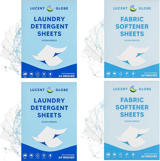 Lucent Globe Bulk Laundry Bundle - 2 x Laundry Detergent Sheets (128 Sheets) + 2 x Fabric Softener Sheets for Washer (128 Sheets)