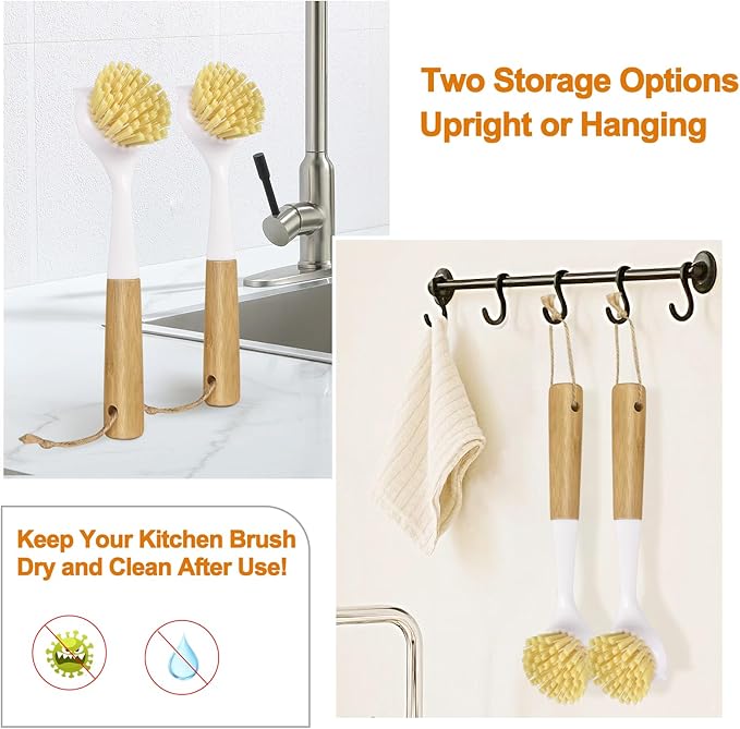 Dish Brush, Large Scrub Brush with Bamboo Handle Kitchen Brushes Built-in Scraper for Cleaning Pot, Sink, Stove Skillet, Pans and Grill Pan - 2 Pack