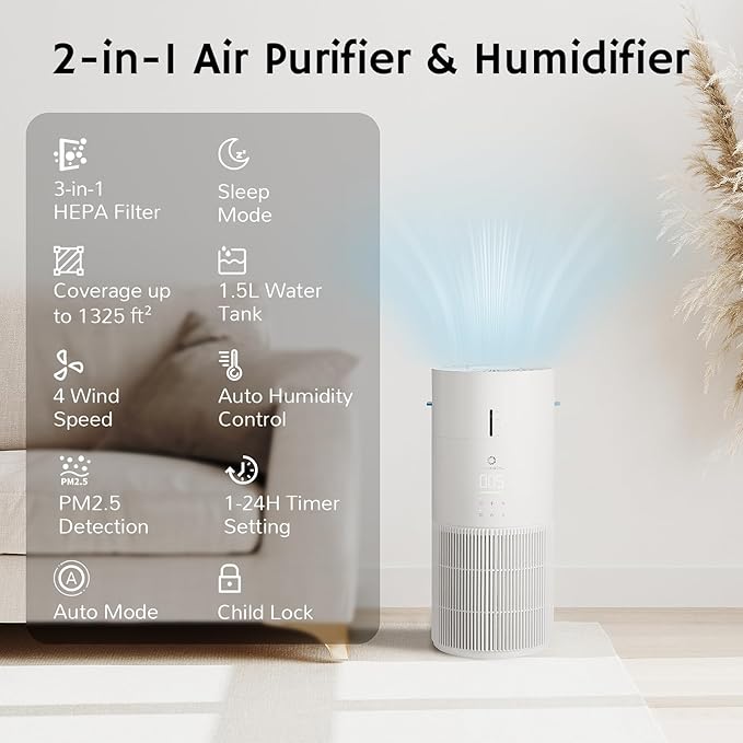 Airthereal 2-in-1 Air Purifier and Humidifier Combo for Large Room up to 1325 ft², 3-Stage Filters, Air Quality Monitor and Quiet Sleep Mode, Evaporative Humidifier with Auto Humidity Monitor, AEH300