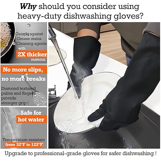 Thick Rubber Cleaning Gloves - 1 Pair Black Rubber Gloves for Dishwashing Large, Non-Slip Kitchen Gloves for Washing Dishes, Reusable Cleaning Gloves, Waterproof, Heavy-Duty (1P,L)